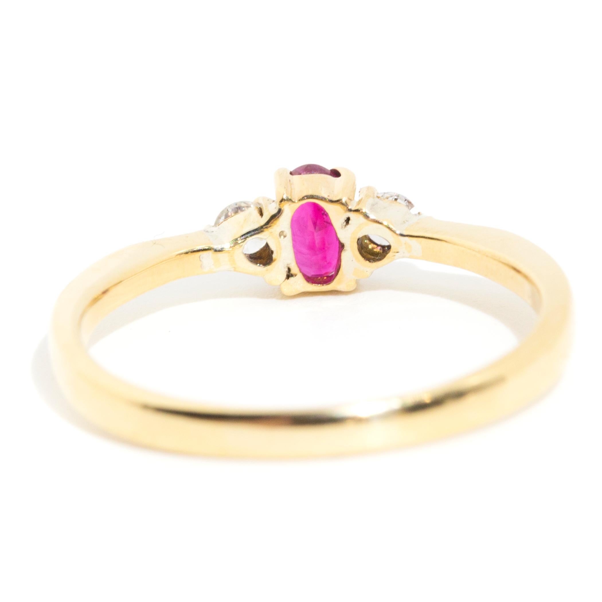 Natural Oval Ruby and Round Brilliant Diamond 14 Carat Vintage Three Stone Ring 2