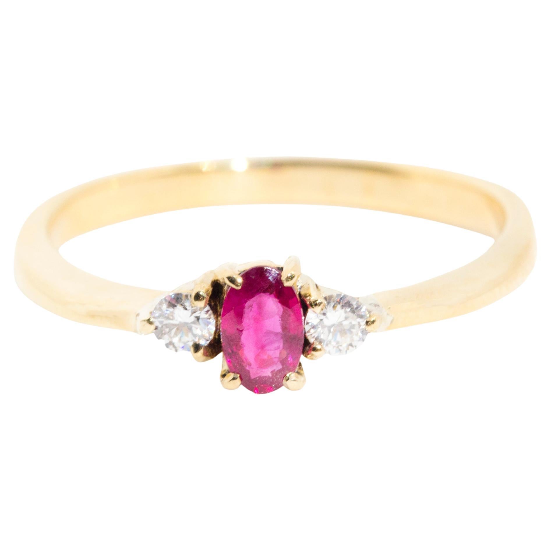 Natural Oval Ruby and Round Brilliant Diamond 14 Carat Vintage Three Stone Ring