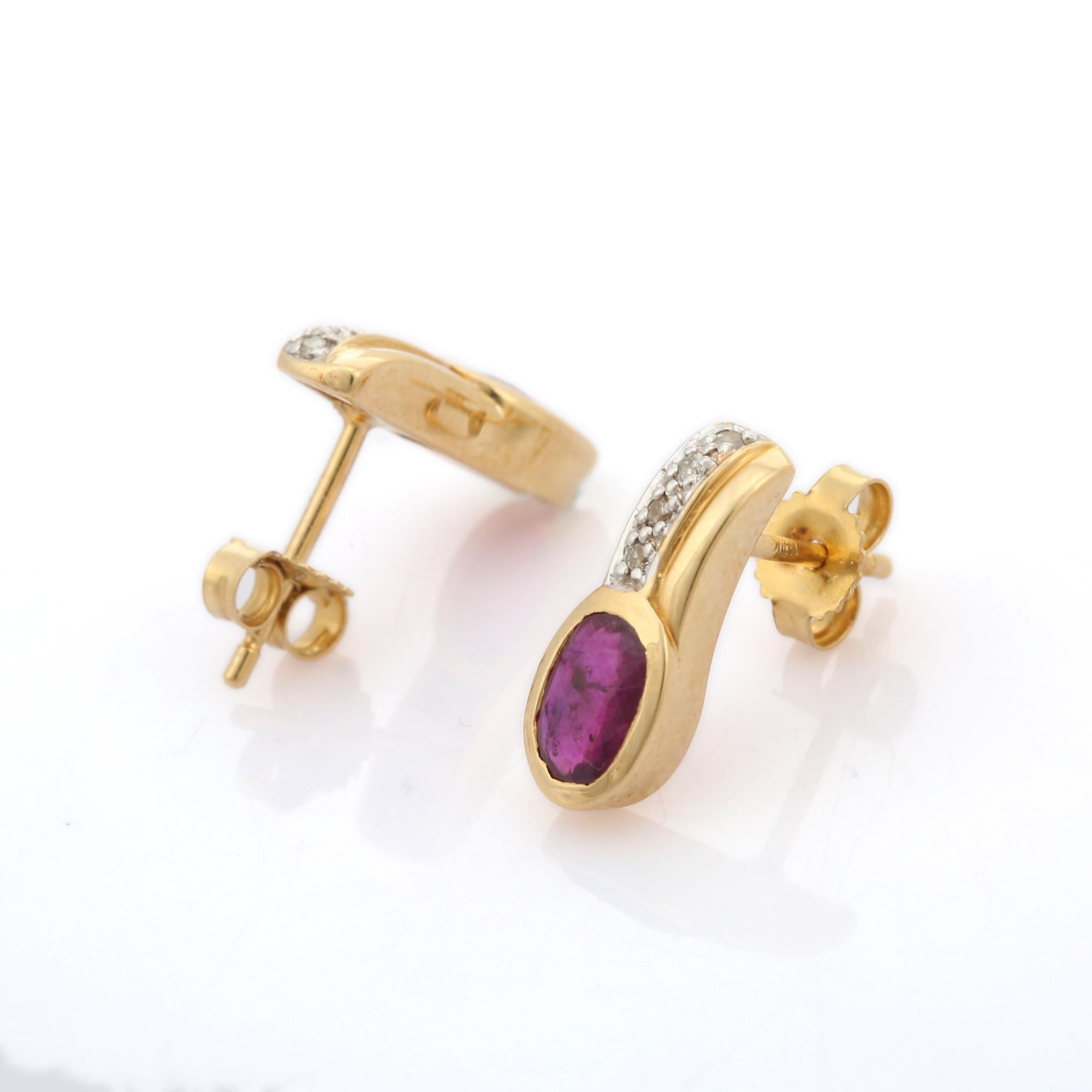 Modern Natural Oval Ruby Diamond Handmade Stud Earrings For Women in 14K Yellow Gold For Sale