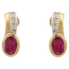 Natural Oval Ruby Diamond Handmade Stud Earrings For Women in 14K Yellow Gold