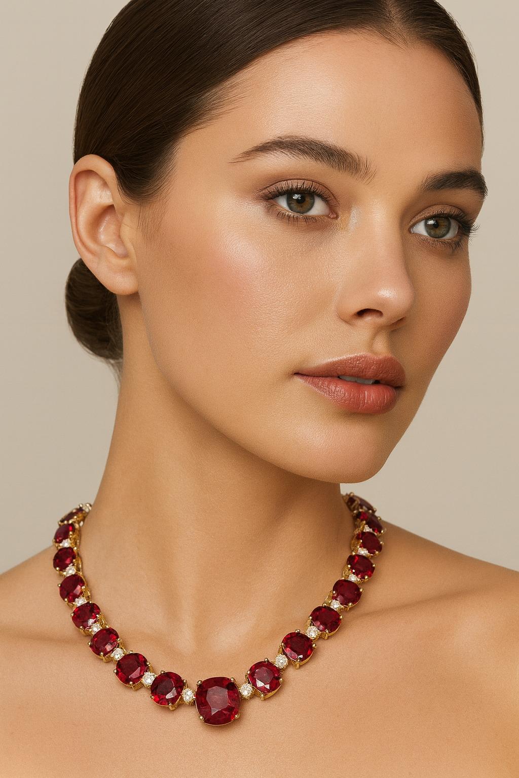 Natural Oval Ruby & Diamond Link Tennis Necklace

Crafted in 100% natural 14kt yellow gold, this exquisite lady’s tennis necklace is presented in brand new condition. The piece showcases a spectacular total carat weight of 146 carats, featuring 141