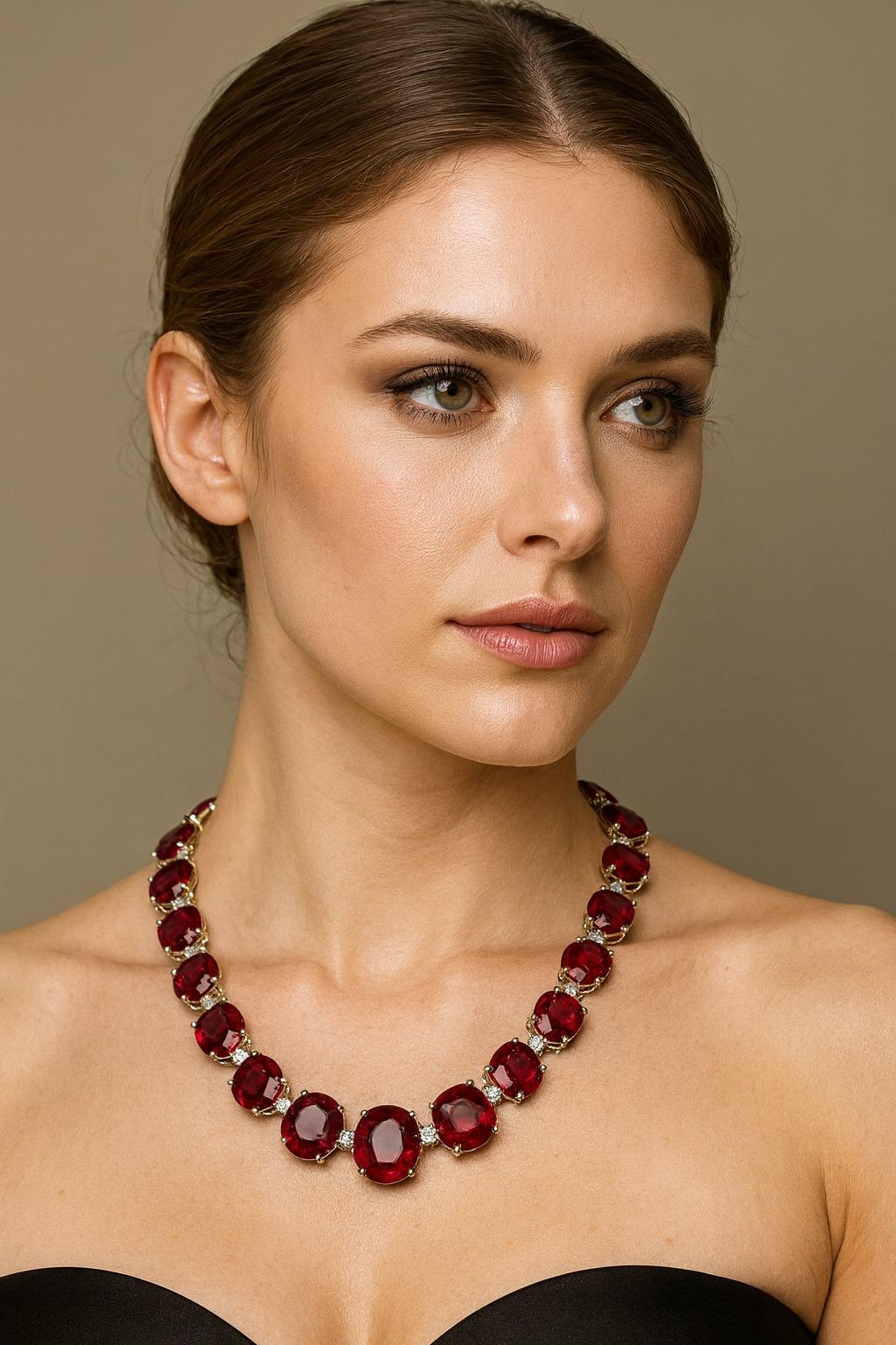 Oval Cut Natural Oval Ruby & Diamond Link Tennis Necklace For Sale