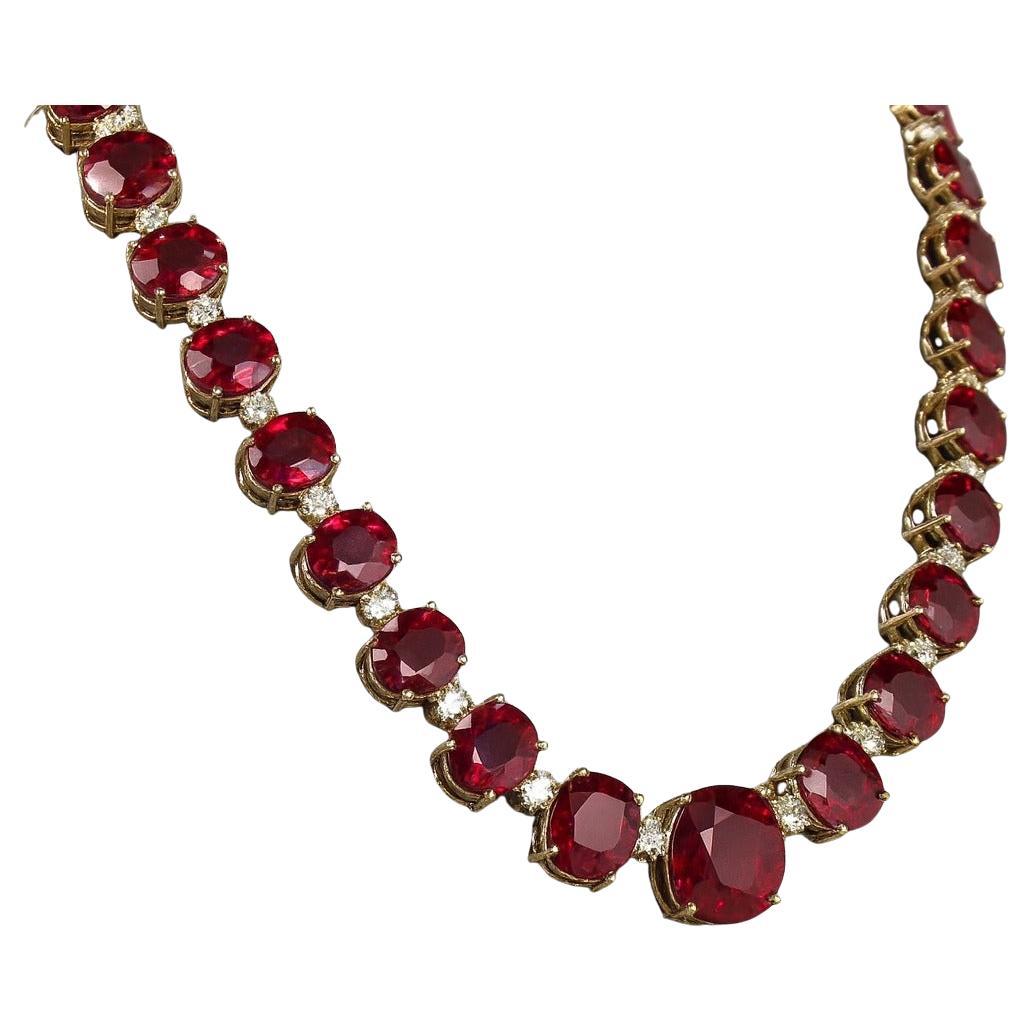 Natural Oval Ruby & Diamond Link Tennis Necklace In Excellent Condition For Sale In Chicago, IL