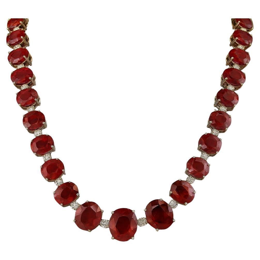 Women's or Men's Natural Oval Ruby & Diamond Link Tennis Necklace For Sale