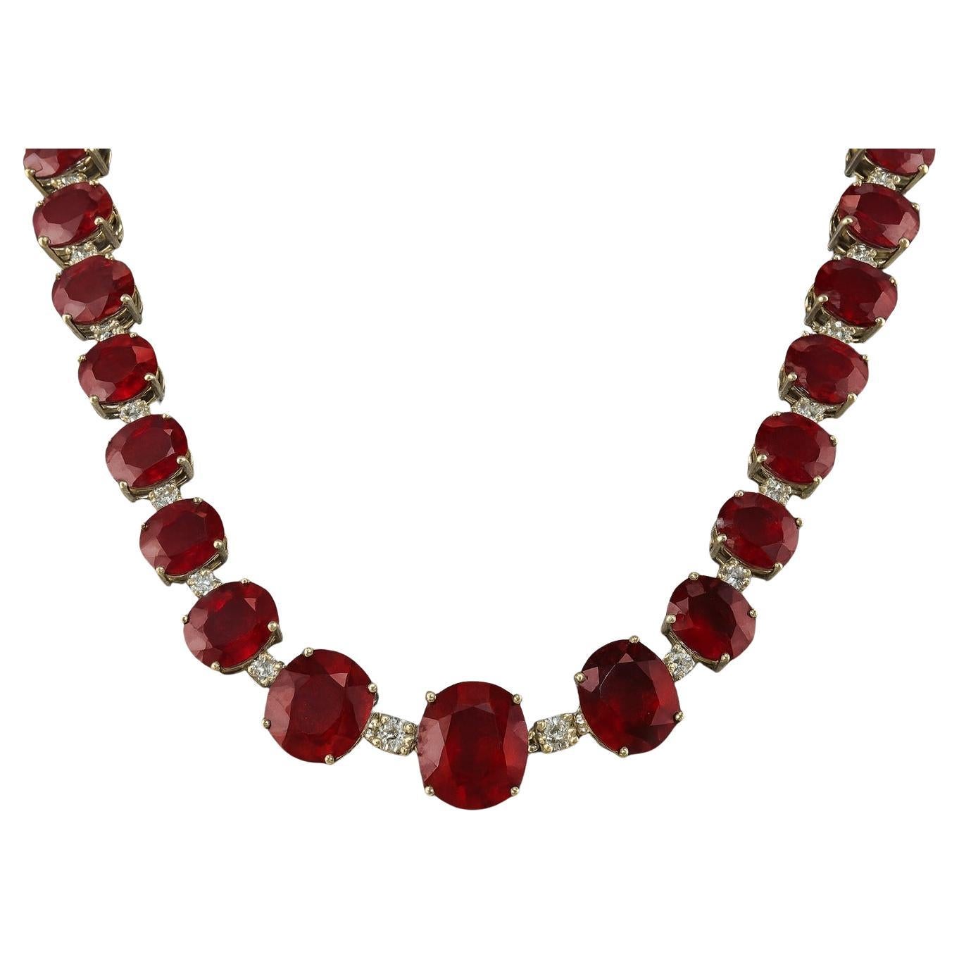 Natural Oval Ruby & Diamond Link Tennis Necklace For Sale 1