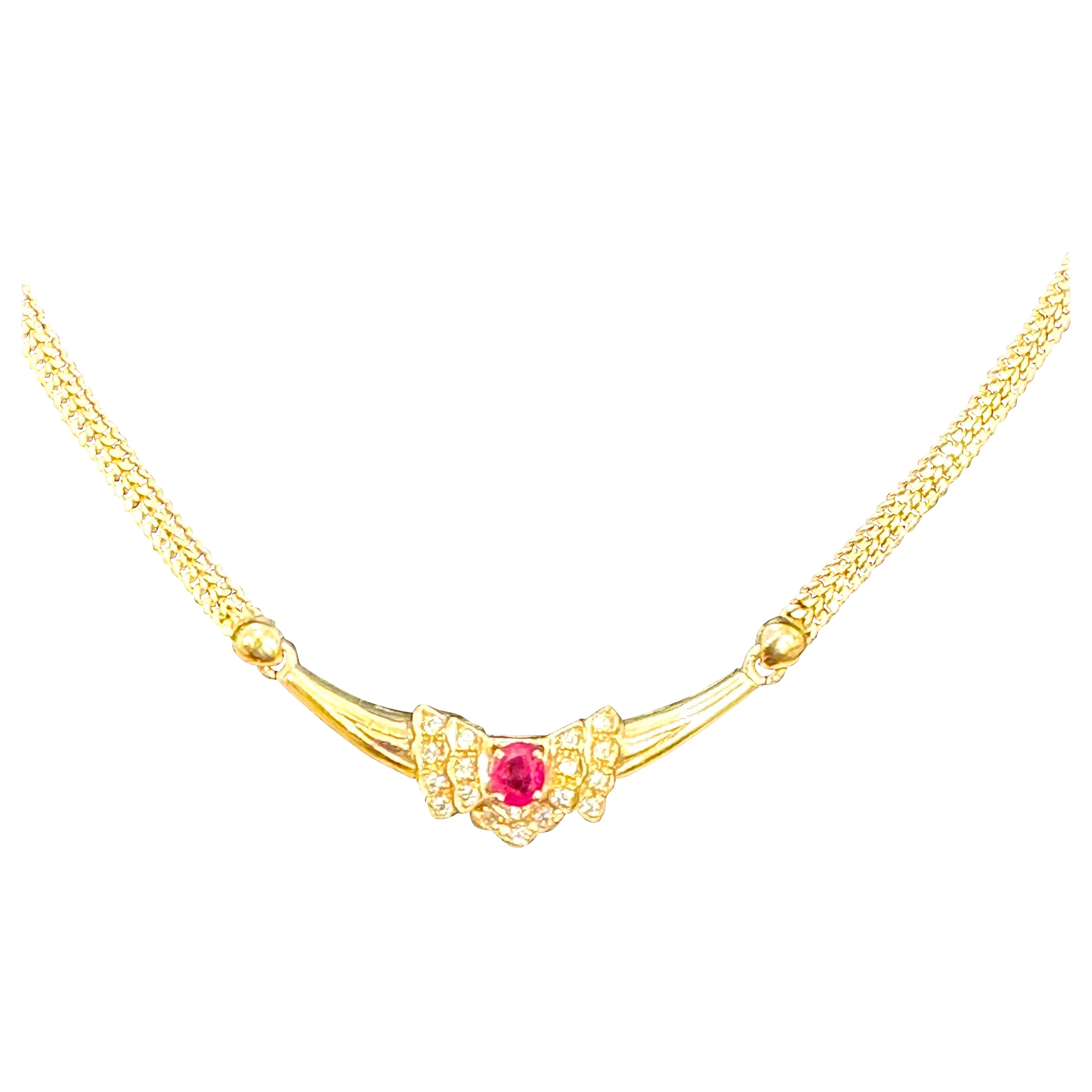 Nature ovale  Collier à pendentifs en or jaune 14K, rubis et diamants, 15 pouces de long
