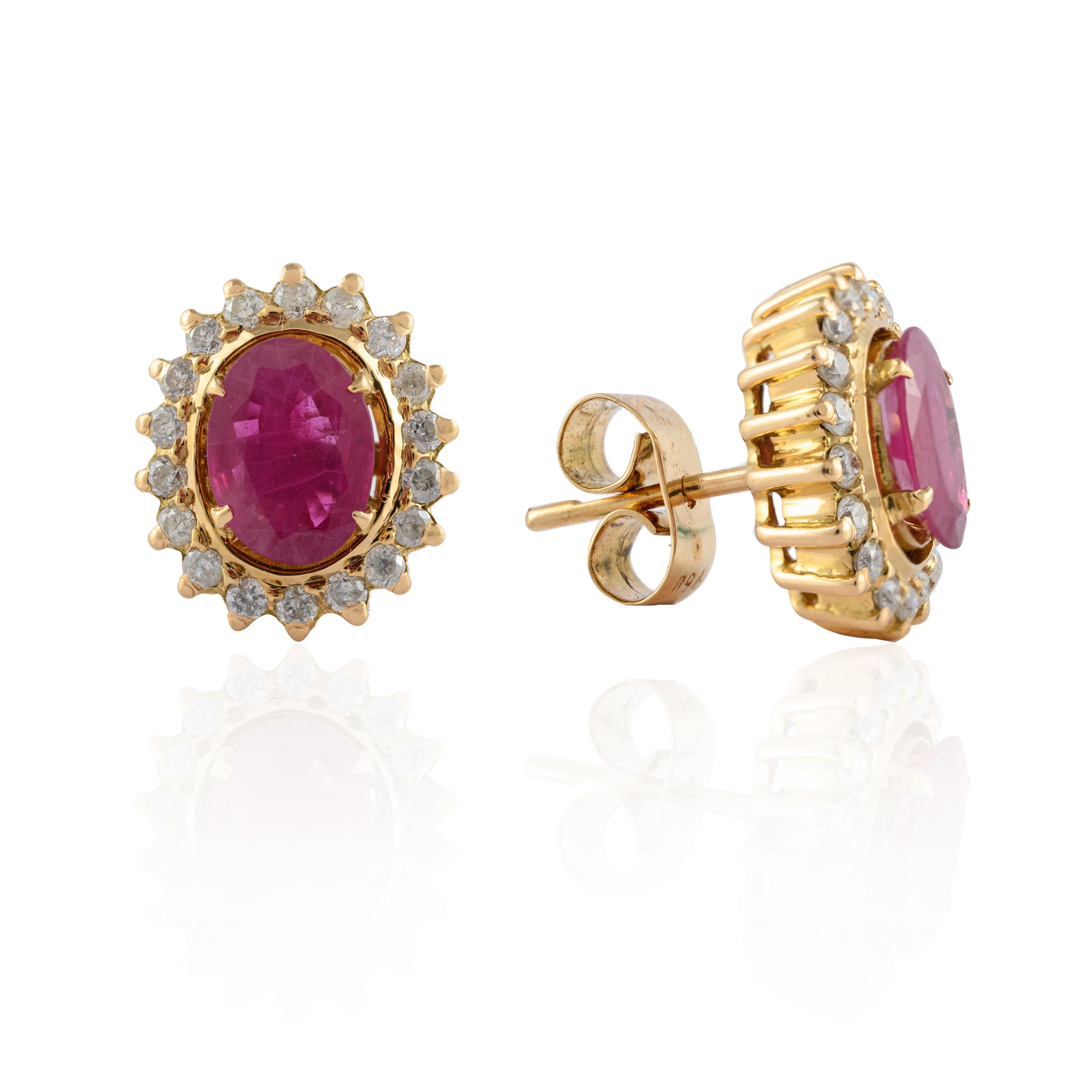 Natural Halo Diamond and Ruby Pushback Stud Earrings in 14K Gold. Embrace your look with these stunning pair of earrings suitable for any occasion to complete your outfit.
Ruby gemstone improves mental strength.
Featuring 3.25 carats of oval ruby