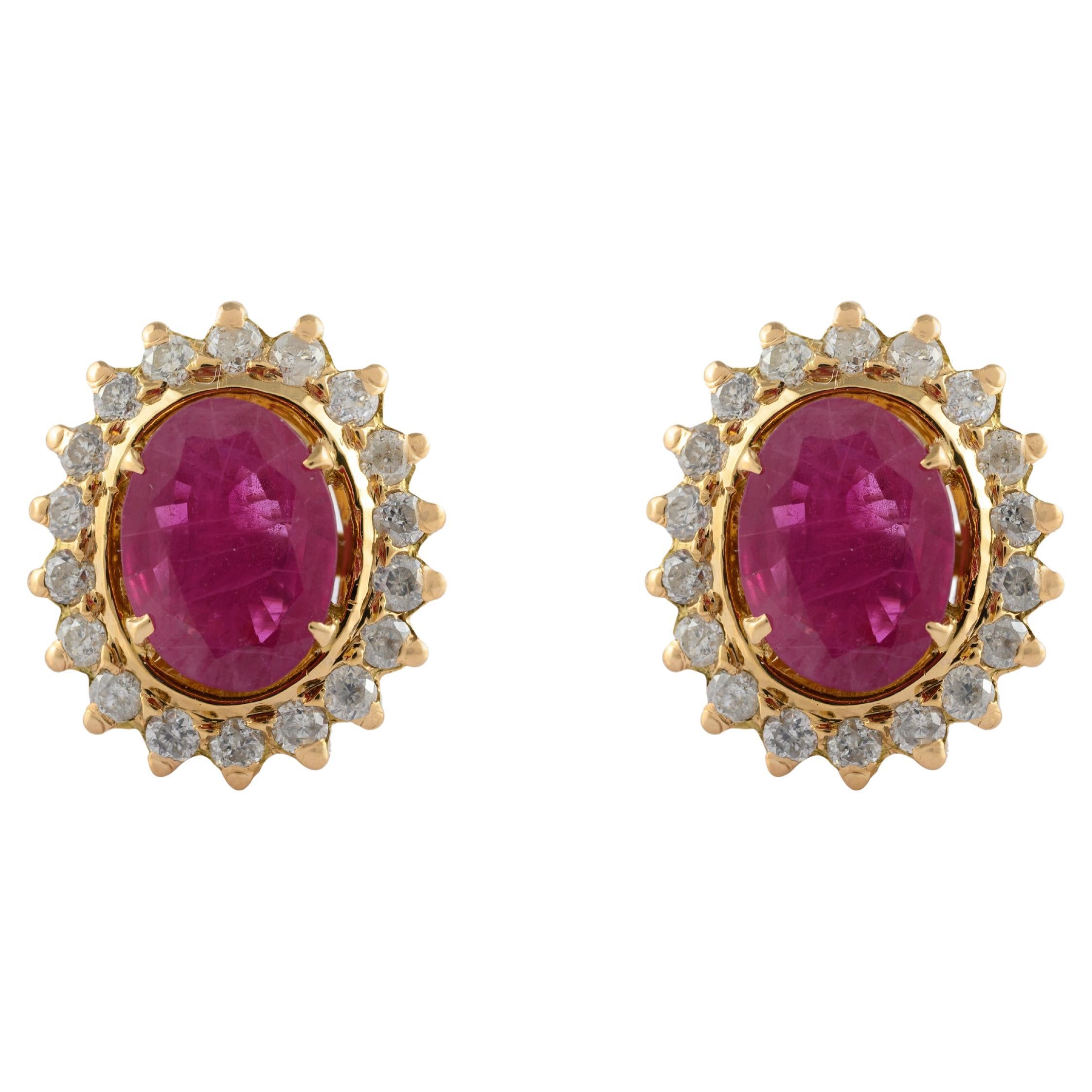 Natural Oval Ruby Flower Stud Earrings with Halo Diamonds in 14k Yellow Gold For Sale