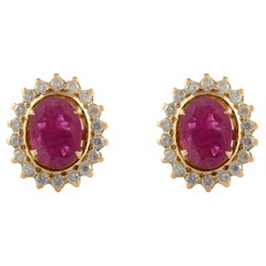 Natural Oval Ruby Flower Stud Earrings with Halo Diamonds in 14k Yellow Gold