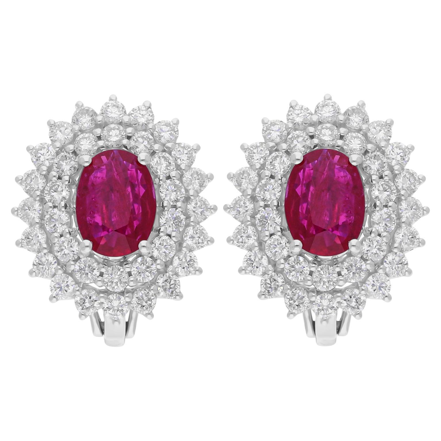 Natural Oval Ruby Gemstone Earrings SI/H Diamond 18 Karat White Gold Jewelry