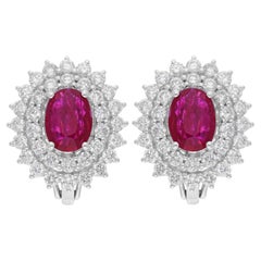 Natural Oval Ruby Gemstone Earrings SI/H Diamond 18 Karat White Gold Jewelry