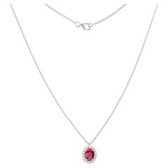 Natural Oval Ruby Gemstone Pendant Necklace SI/H Diamond 14 Karat White Gold