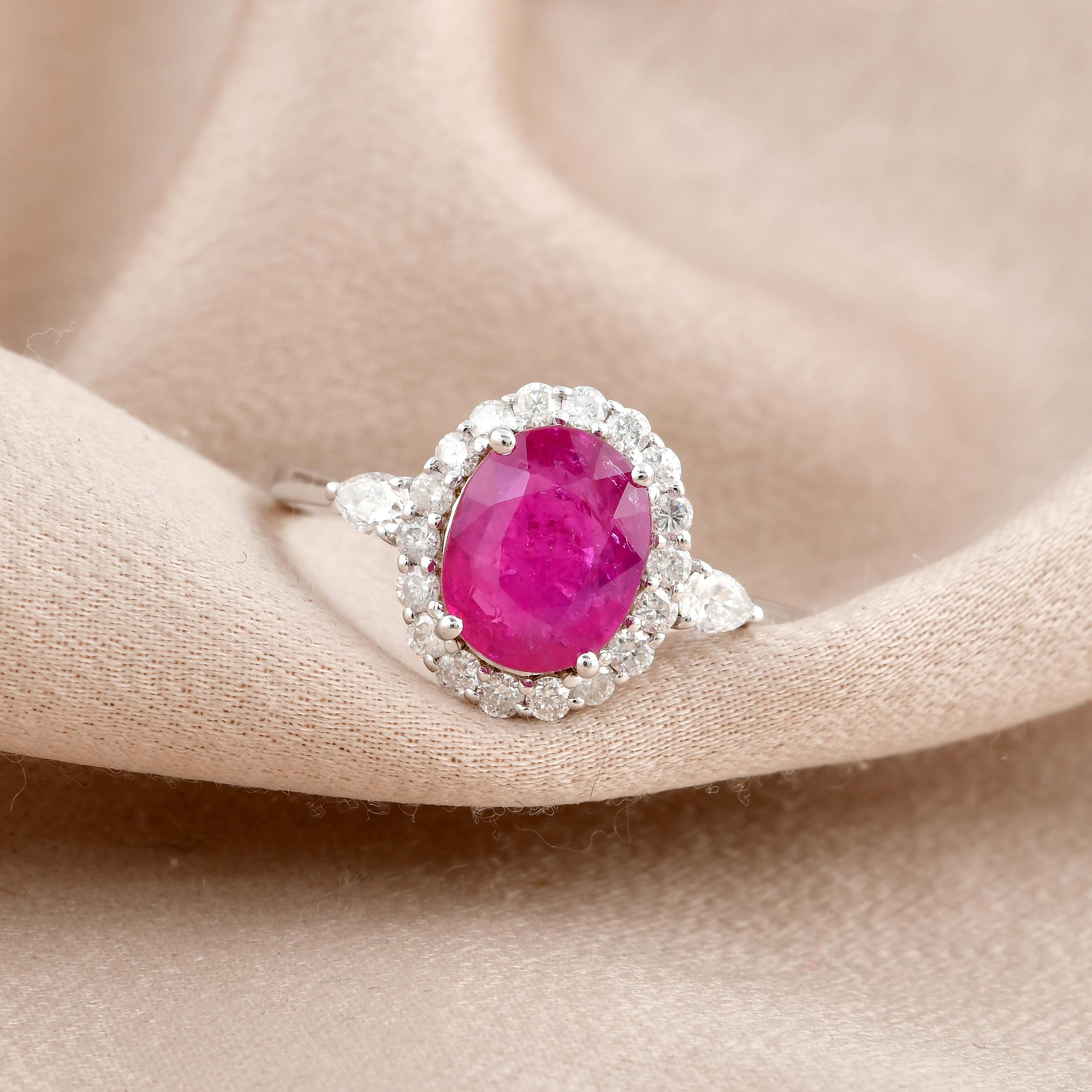 Oval Cut Natural Oval Ruby Gemstone Ring Diamond 18 Karat White Gold Handmade Jewelry For Sale