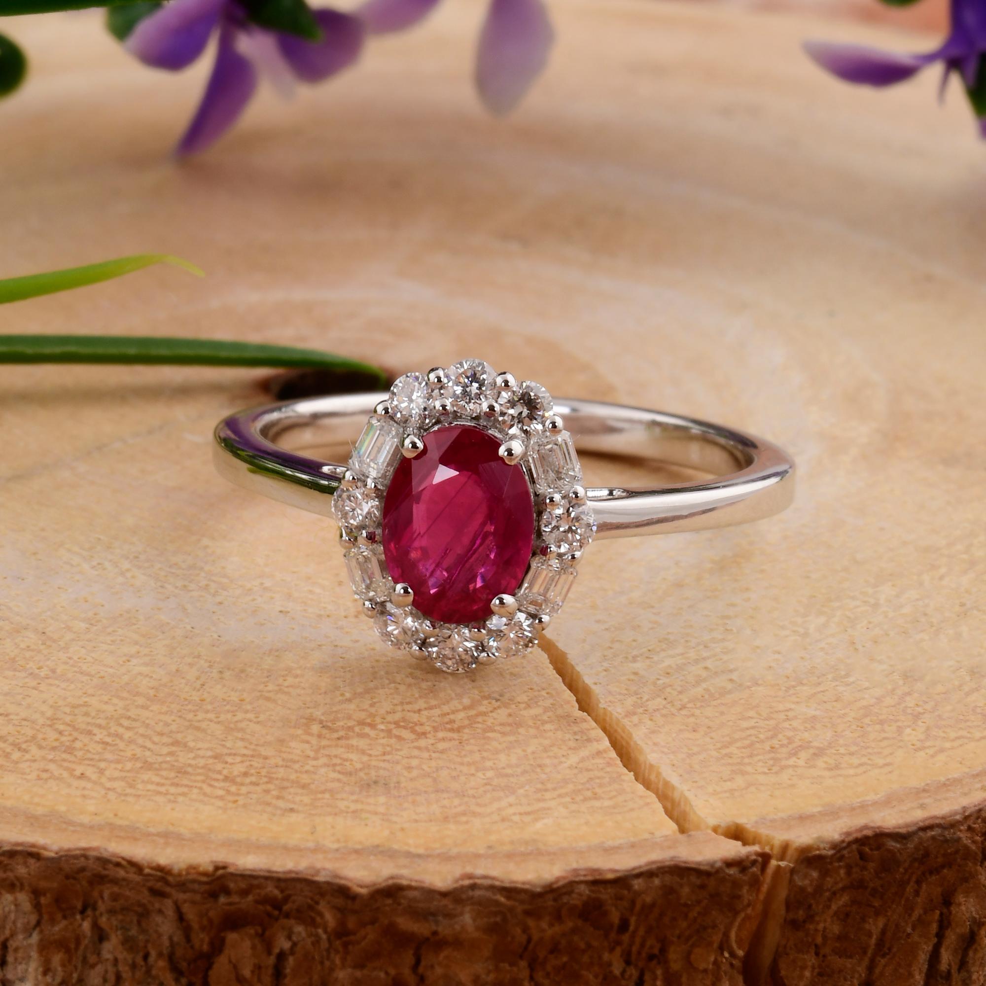 Women's Natural Oval Ruby Gemstone Ring Diamond 18 Karat White Gold Handmade Jewelry For Sale