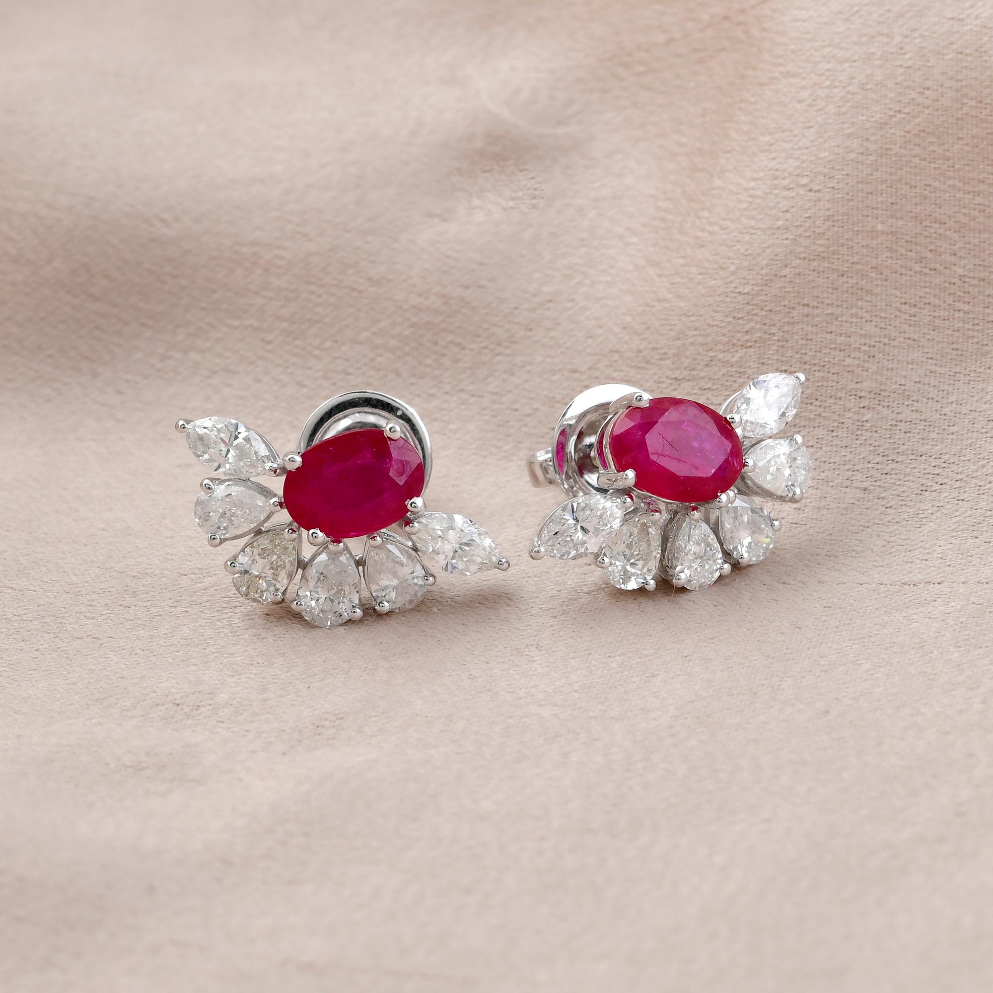 Modern Natural Oval Ruby Gemstone Stud Earrings Diamond 14 Karat White Gold Jewelry For Sale