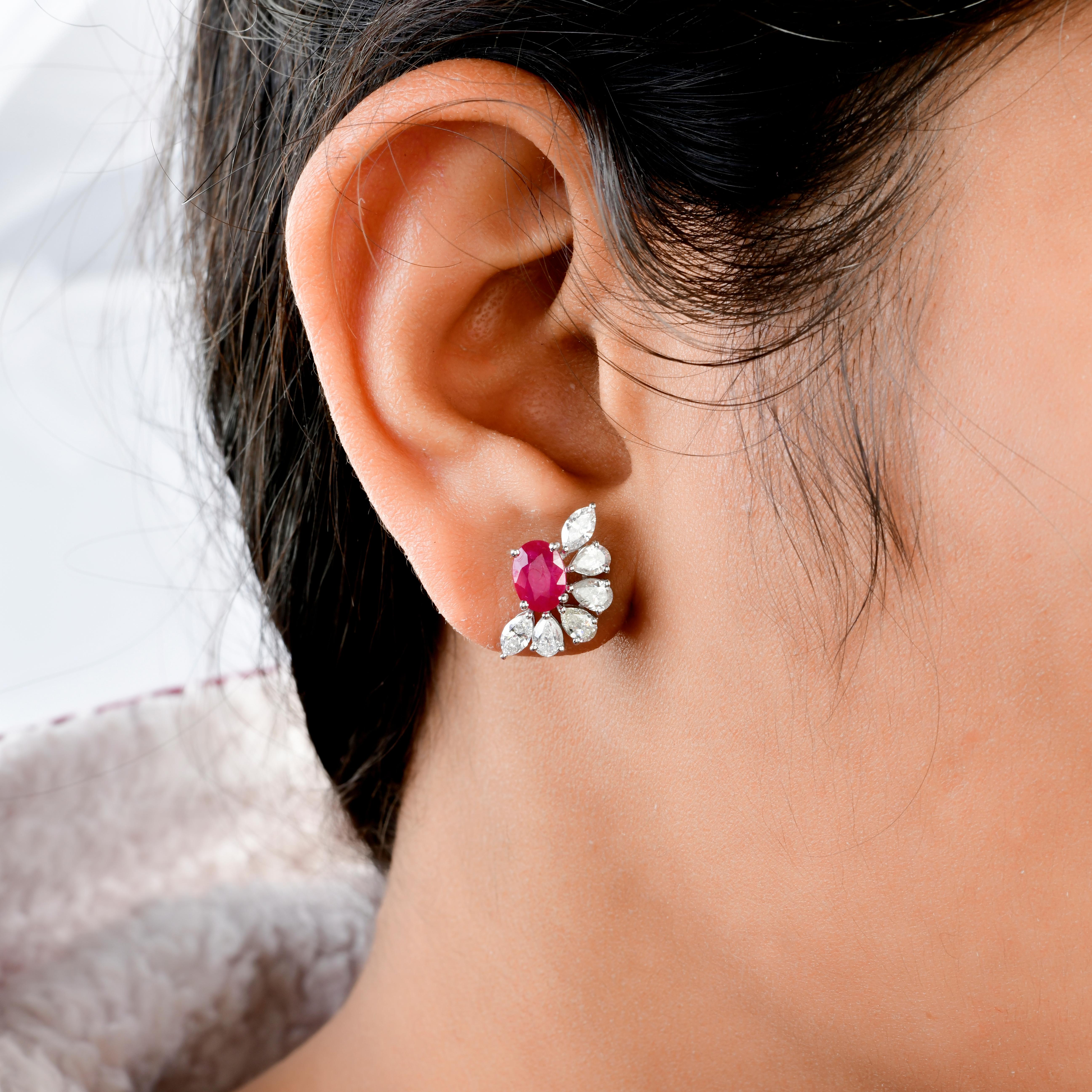 Oval Cut Natural Oval Ruby Gemstone Stud Earrings Diamond 14 Karat White Gold Jewelry For Sale