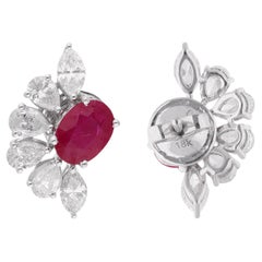 Natural Oval Ruby Gemstone Stud Earrings Diamond 14 Karat White Gold Jewelry