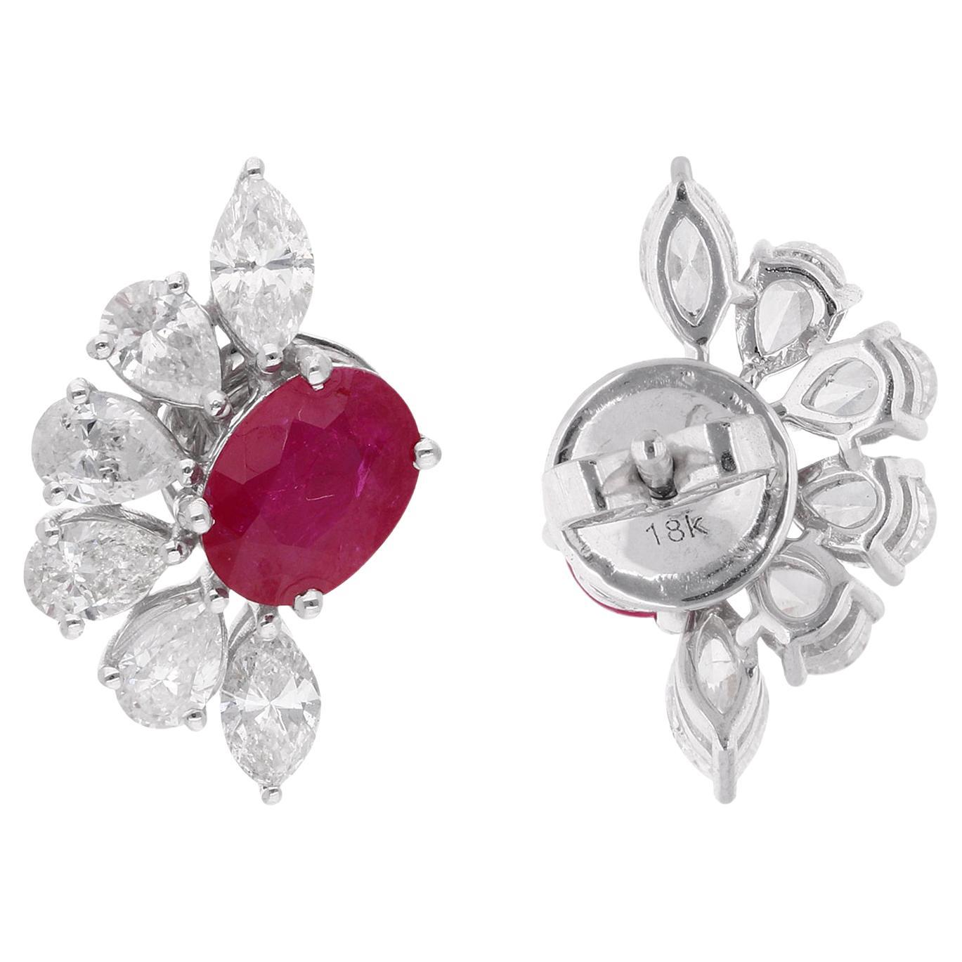 Natural Oval Ruby Gemstone Stud Earrings Diamond 18 Karat White Gold Jewelry