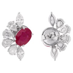 Natural Oval Ruby Gemstone Stud Earrings Diamond 18 Karat White Gold Jewelry