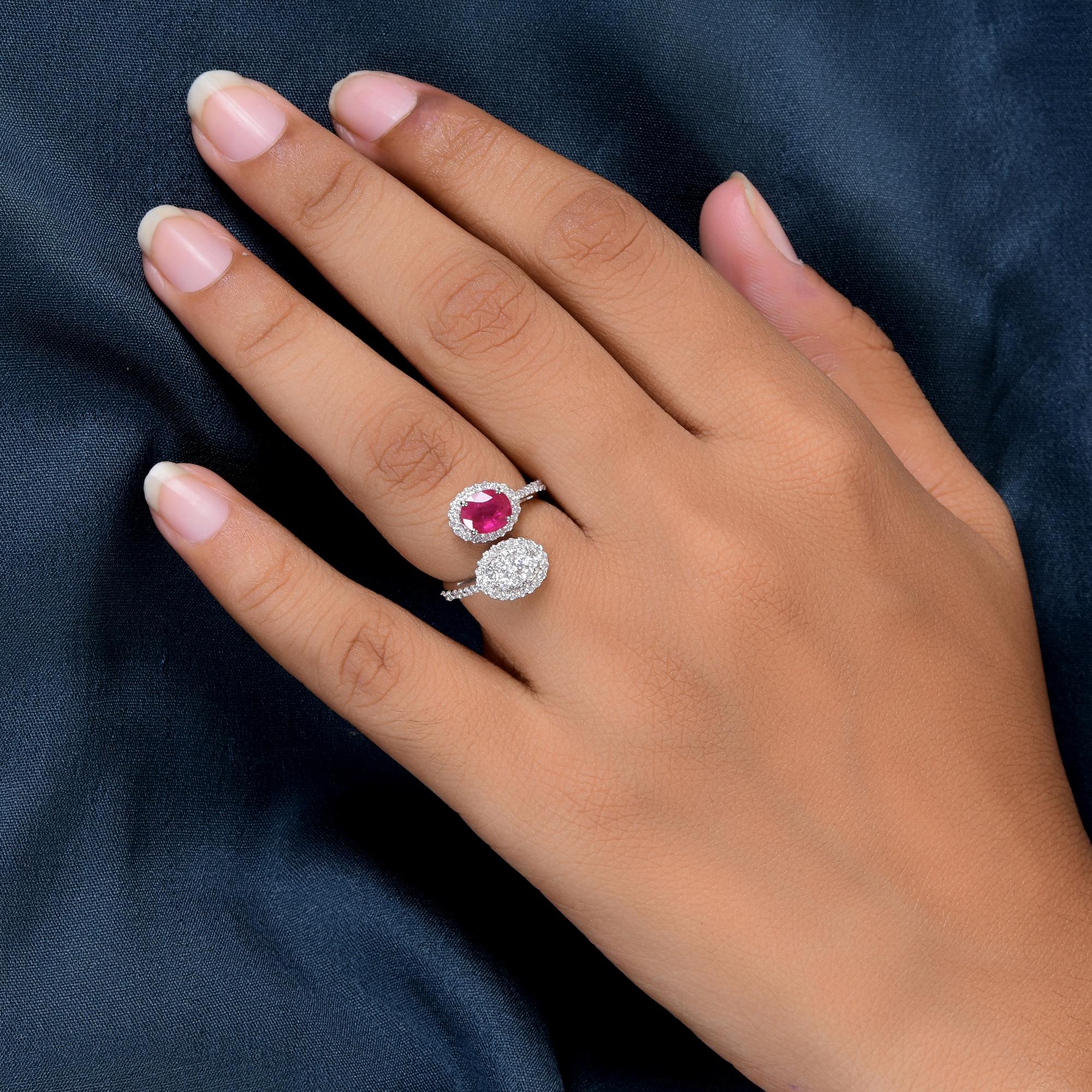 Modern Natural Oval Ruby Gemstone Wrap Ring Diamond 18 Karat White Gold Fine Jewelry For Sale