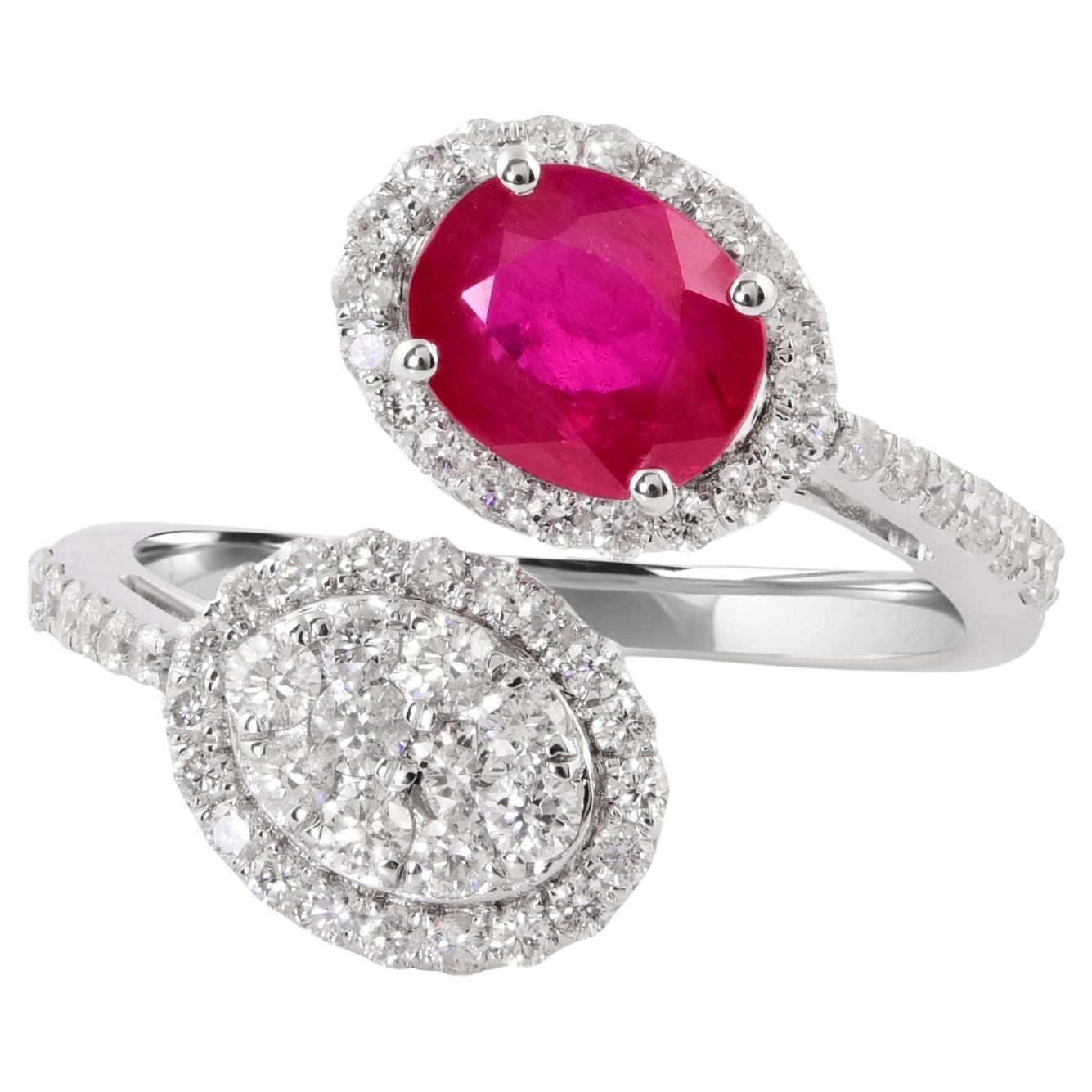 Natural Oval Ruby Gemstone Wrap Ring Diamond 18 Karat White Gold Fine Jewelry