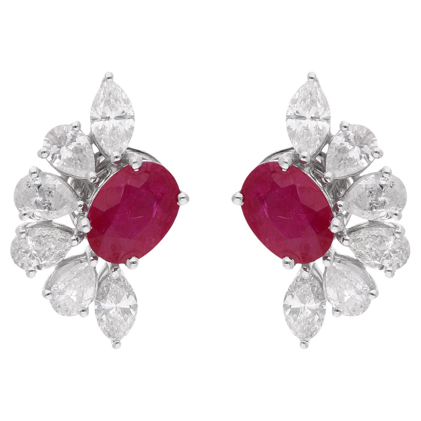 Natural Oval Ruby Mixed Cut Diamond Floral Stud Earrings 14 Karat White Gold