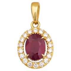 Contemporary Oval Cut Ruby and Diamond Cluster Halo Pendant in 18k Yellow Gold
