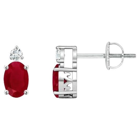 ANGARA Natural Oval 0.50ct Ruby Stud Earrings with Diamond in 14K White Gold For Sale