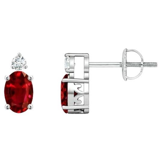 ANGARA Natural Oval 0.50ct Ruby Stud Earrings with Diamond in 14K White Gold For Sale