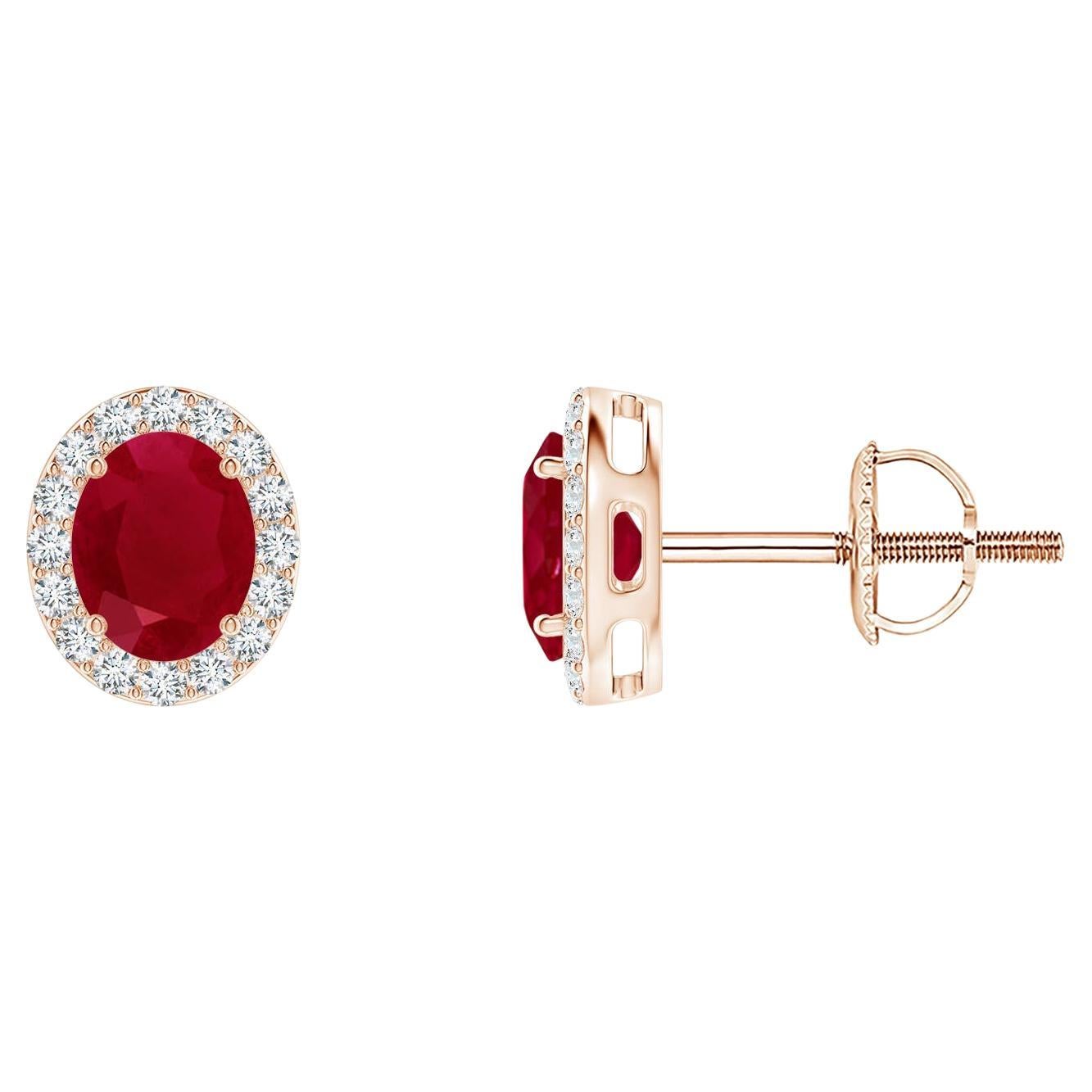 ANGARA Natural Oval 0.80ct Ruby Studs with Diamond Halo in 14K Rose Gold