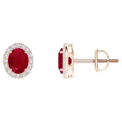 ANGARA Natural Oval 0.80ct Ruby Studs with Diamond Halo in 14K Rose Gold