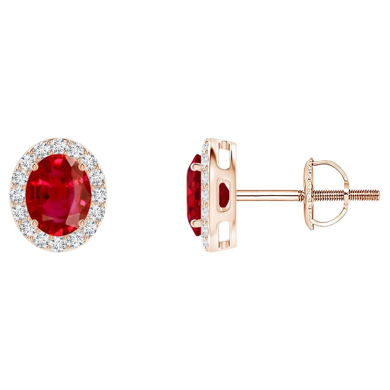 ANGARA Natural Oval 0.80ct Ruby Studs with Diamond Halo in 14K Rose Gold