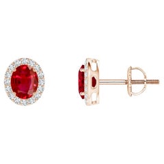 ANGARA Natural Oval 0.80ct Ruby Studs with Diamond Halo in 14K Rose Gold