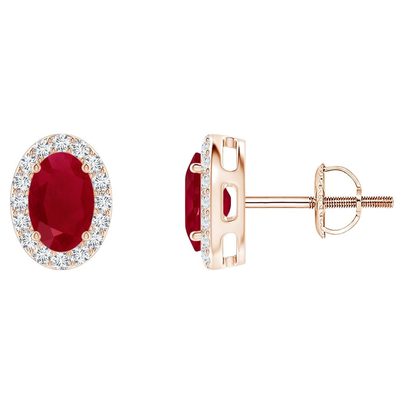 ANGARA Natural Oval 1.20ct Ruby Studs with Diamond Halo in 14K Rose Gold