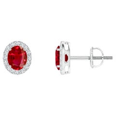 ANGARA Natural Oval 0.80ct Ruby Studs with Diamond Halo in 14K White Gold