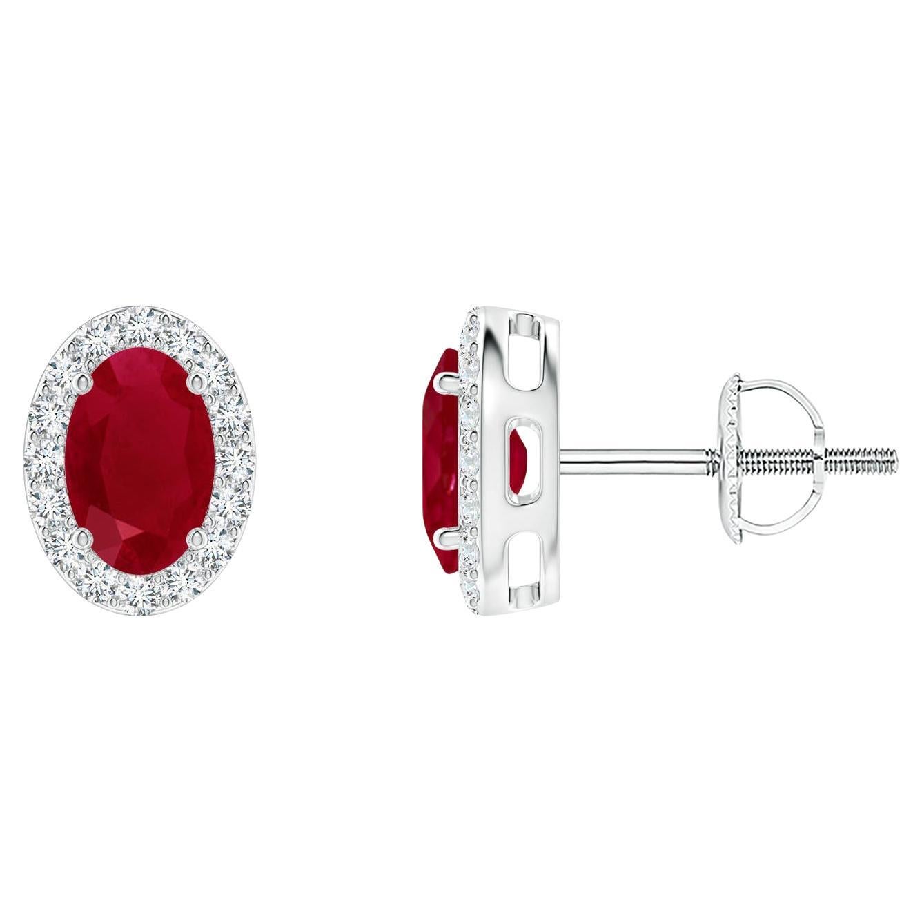ANGARA Natural Oval 1.20ct Ruby Studs with Diamond Halo in 14K White Gold For Sale