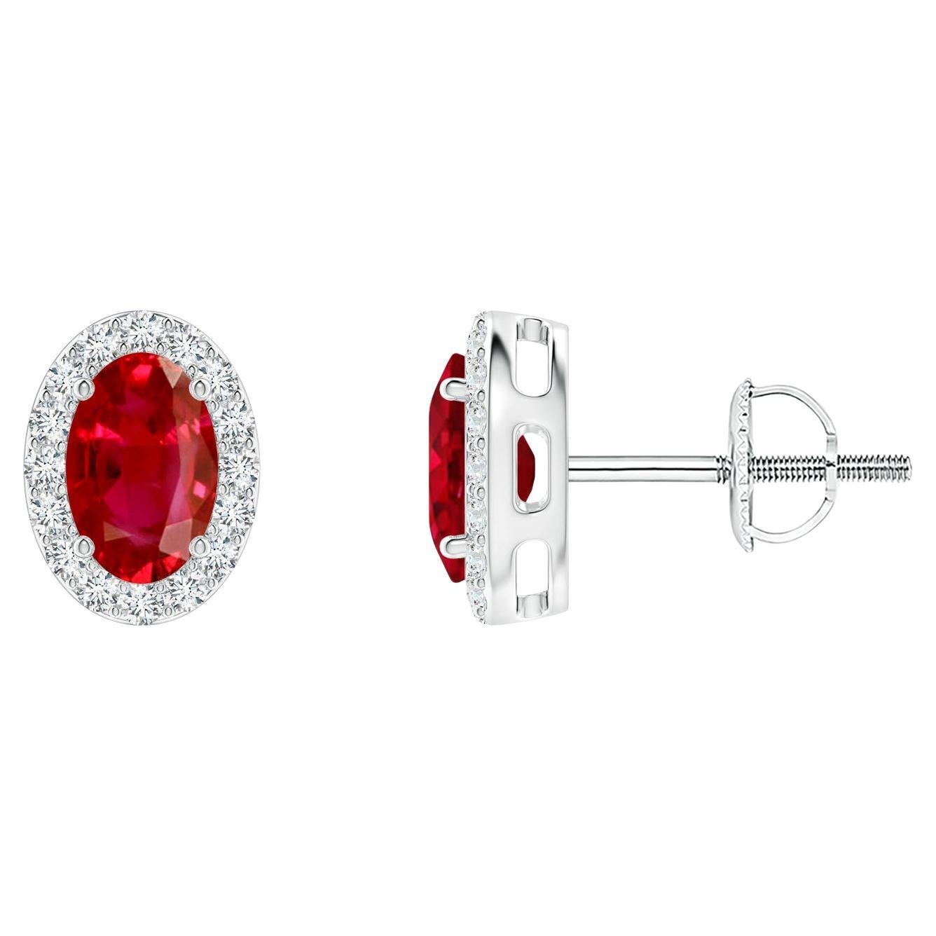 ANGARA Natural Oval 1.20ct Ruby Studs with Diamond Halo in 14K White Gold