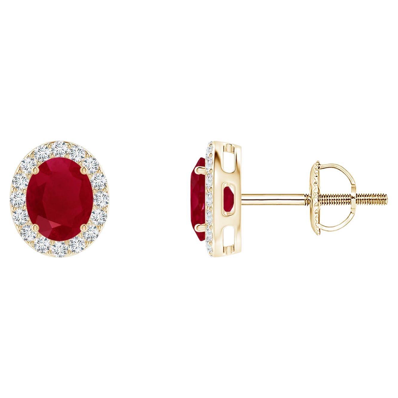 ANGARA Natural Oval 0.80ct Ruby Studs with Diamond Halo in 14K Yellow Gold