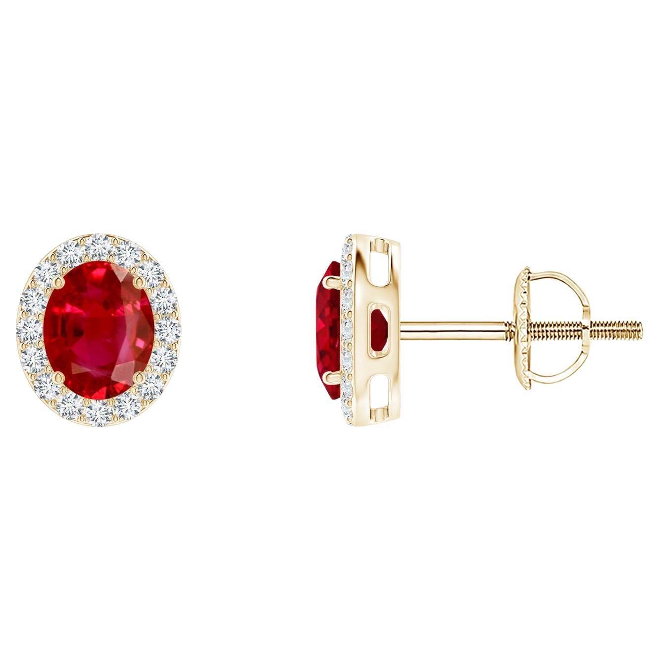 ANGARA Natural Oval 0.80ct Ruby Studs with Diamond Halo in 14K Yellow Gold For Sale