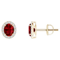 ANGARA Clous d'oreilles ovales en or jaune 14 carats avec rubis naturel de 0,80 carat et halo de diamants