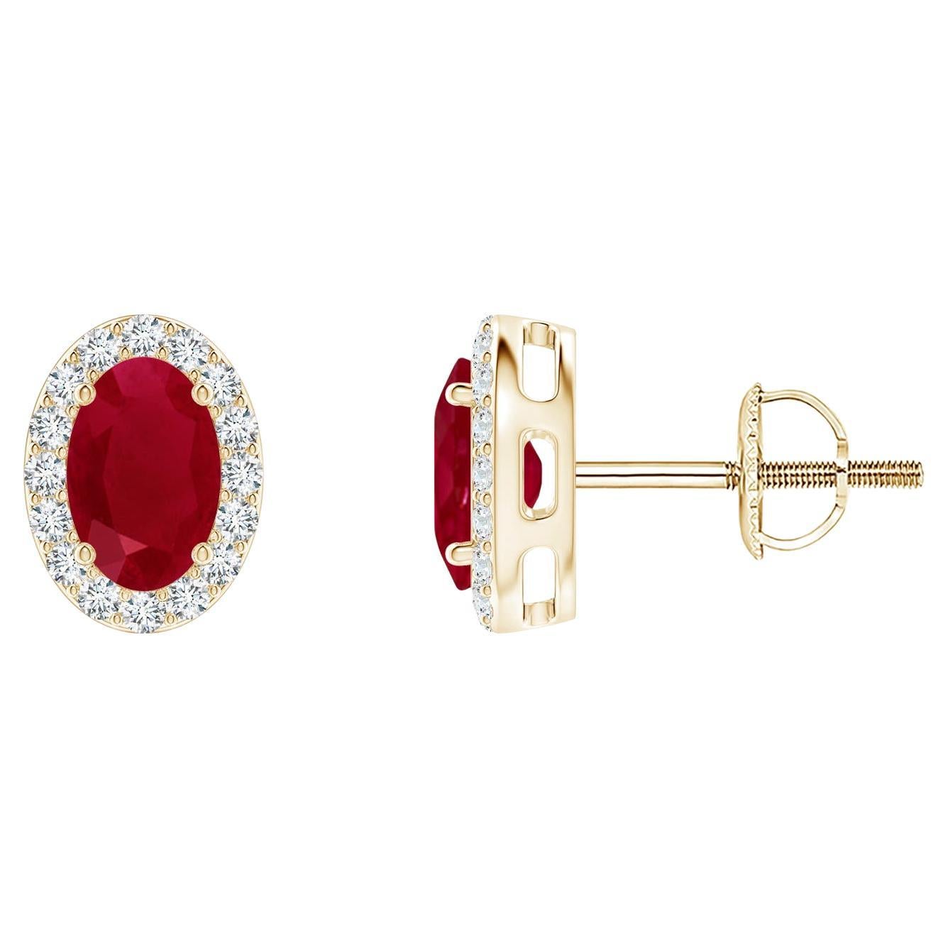 ANGARA Natural Oval 1.20ct Ruby Studs with Diamond Halo in 14K Yellow Gold For Sale