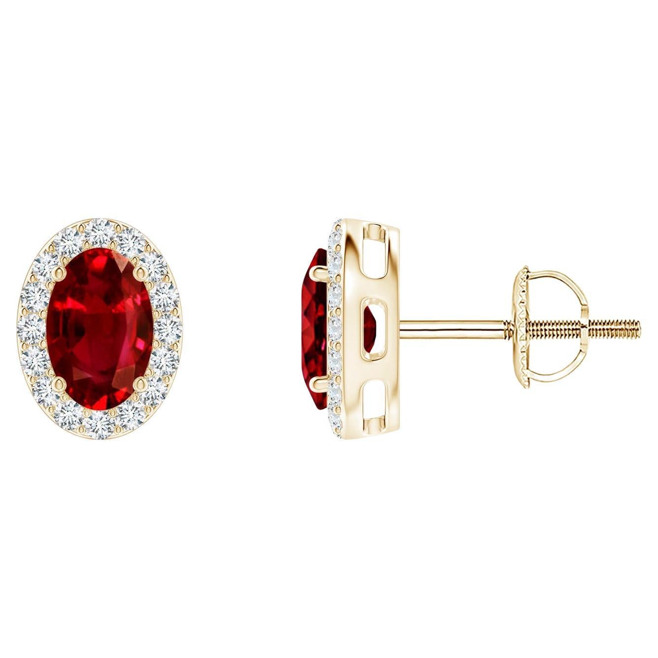 ANGARA Natural Oval 1.20ct Ruby Studs with Diamond Halo in 14K Yellow Gold For Sale