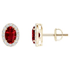 ANGARA Natural Oval 1.20ct Ruby Studs with Diamond Halo in 14K Yellow Gold