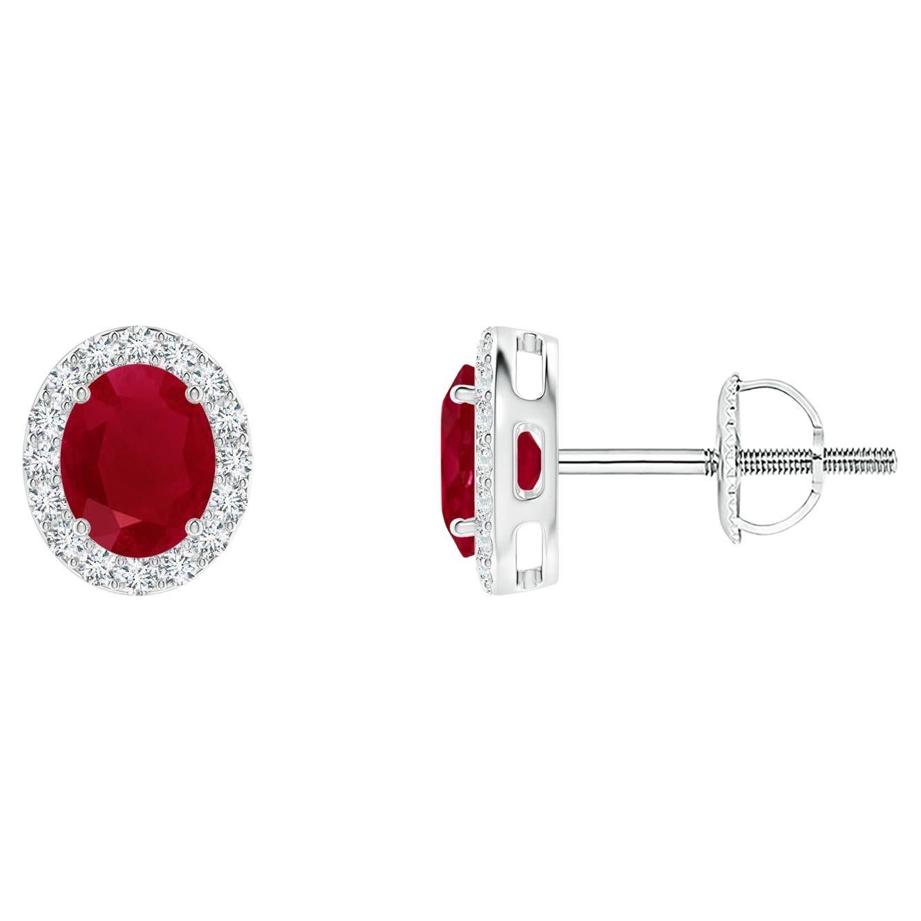 ANGARA Natural Oval 0.80ct Ruby Studs with Diamond Halo in Platinum