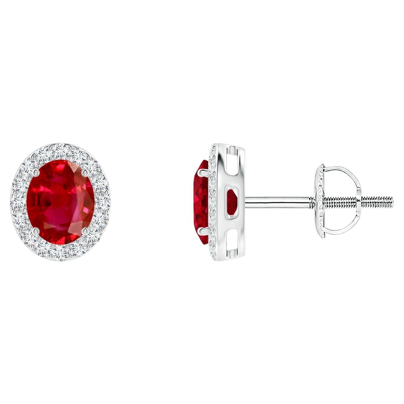 ANGARA Natural Oval 0.80ct Ruby Studs with Diamond Halo in Platinum