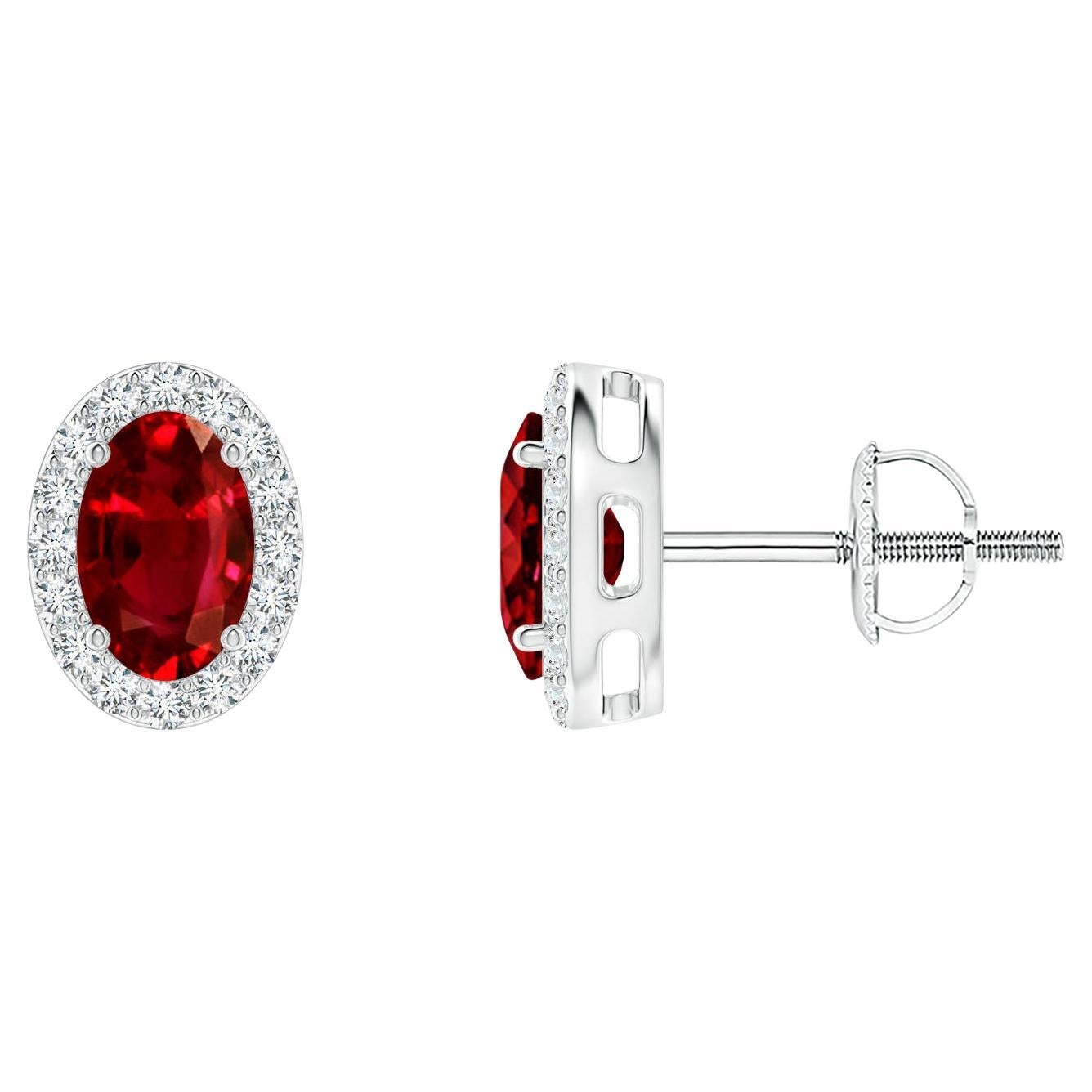 ANGARA Natural Oval 1.20ct Ruby Studs with Diamond Halo in Platinum For Sale