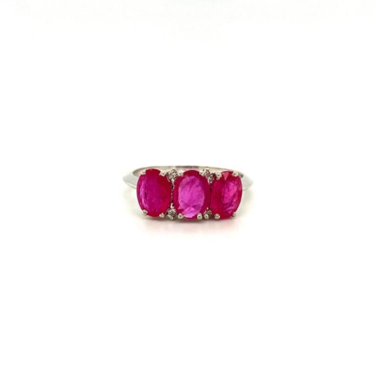 For Sale:  Natural Oval Ruby Three Stone Sterling Silver Ring with Diamonds 2