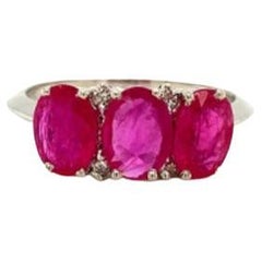 Natural Oval Ruby Three Stone Sterling Silver Ring with Diamonds