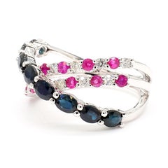Natural Oval Sapphire and Diamond and Ruby 2.84 Carat TW Gold Cocktail Band