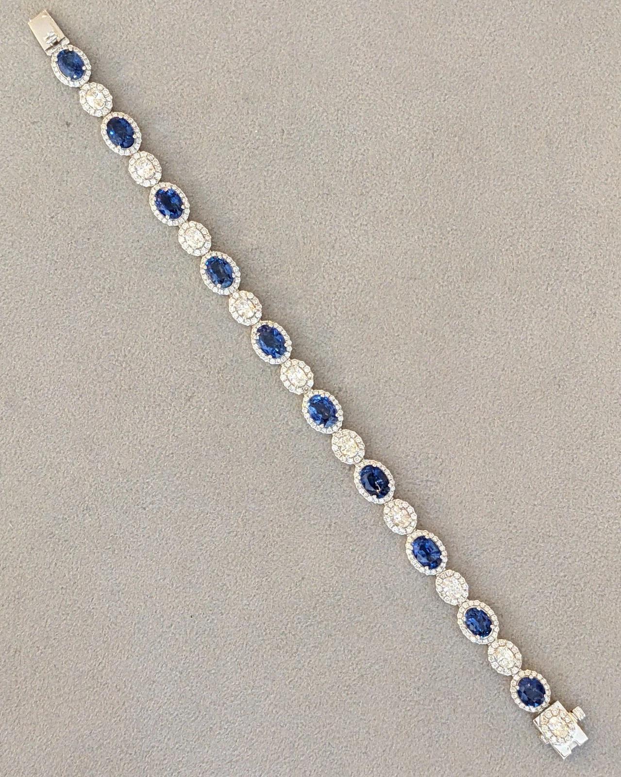Natürliches ovales Saphir- und Diamantarmband aus 14k Weißgold Damen im Angebot